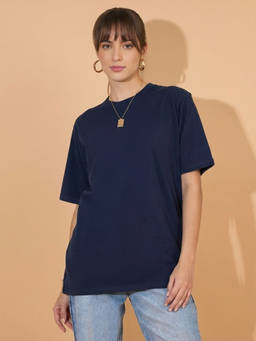 QIOA - Women Navy Blue Navy Oversized Round Neck Long T-Shirt