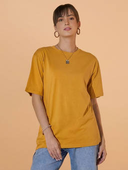 QIOA - Women Mustard Oversized Round Neck Long T-Shirt