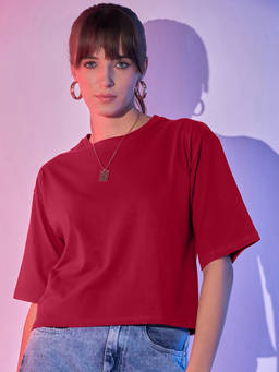 QIOA - Women Maroon Loose Fit Round Neck Drop Shoulder Crop T-Shirt