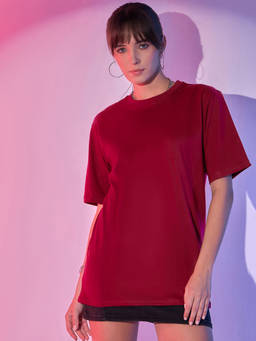 QIOA - Women Maroon Oversized Round Neck Long T-Shirt
