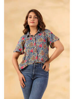 June 9 Clothing - Women Blue Floral Viscose Rayon Crop Shirt