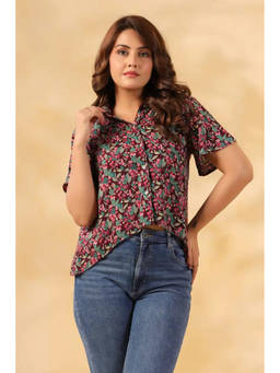 June 9 Clothing - Women Burgundy Floral Viscose Rayon Crop Shirt