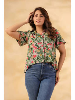 June 9 Clothing - Women Sage Green Floral Viscose Rayon Crop Shirt