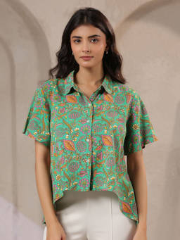 June 9 Clothing - Women Green Floral Viscose Rayon Shirt