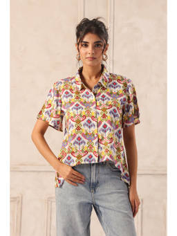 June 9 Clothing - Women White Ikat Viscose Printed Shirt