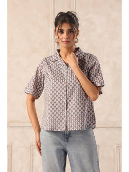 June 9 Clothing - Women Grey Ikat Printed Cotton Shirt