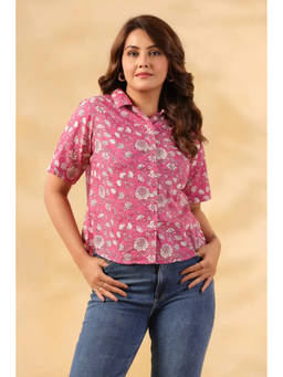 June 9 Clothing - Women Pink Floral Print Cuban Collar Shirt