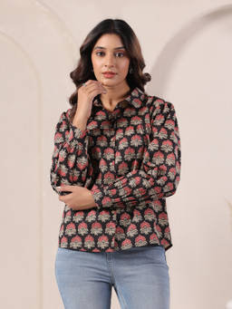 June 9 Clothing - Women Black Floral Printed Cotton Shirt