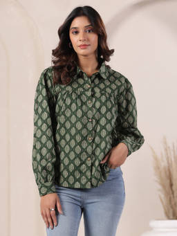 June 9 Clothing - Women Green Ethnic Printed Cotton Shirt