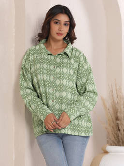 June 9 Clothing - Women Pistachio Green Ikat Printed Shirt