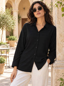 PINACOLADA - Women Black Premium Self Design Relaxed Fit Formal Shirt