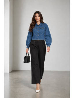 Virgio - Women Blue Solid Cotton Denim Cropped Utility Shirt