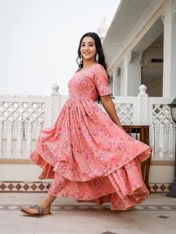 Indian Virasat - Peach Floral Printed Layered Long Dress
