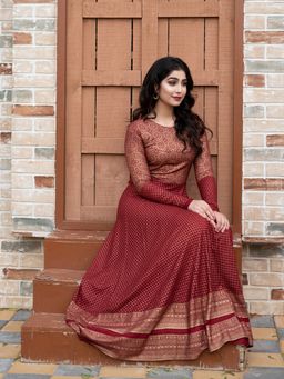 Indian Virasat - Maroon Gold Ethnic Motifs Print Maxi Dress