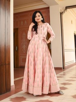 Indian Virasat - Pink Gold Motifs Design Ethnic Maxi Dress