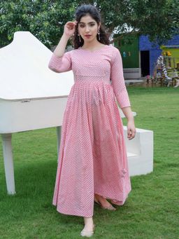 Indian Virasat - Pink & Off-White Striped Maxi Dress