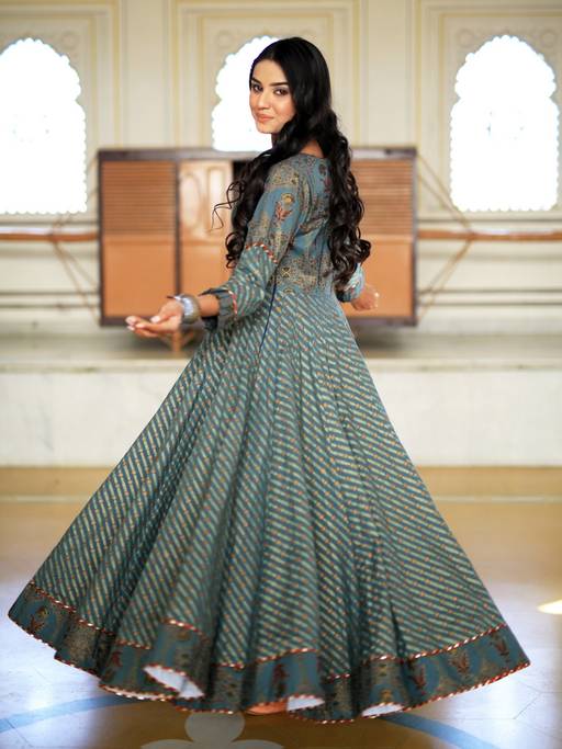 Buy Indian Virasat Green Ethnic Motifs Cotton Maxi Dress Online