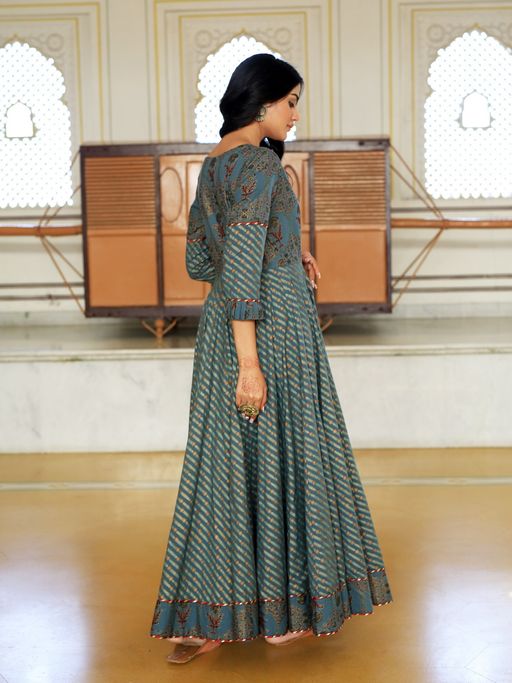 Buy Indian Virasat Green Ethnic Motifs Cotton Maxi Dress Online