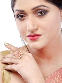 Saraf RS Jewellery - Gold Plated Peach Colour Ad Studded Handcrafted Adjustable Ring