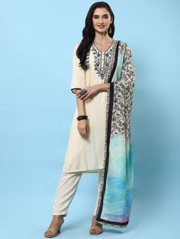 Shree - Women Rayon Cream Embroidered Kurta With Trousers & Dupatta (Set Of 3)