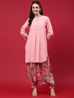 Shree - Women Poly Viscose Pink Solid Kurta With Harem Pants (Set Of 2)