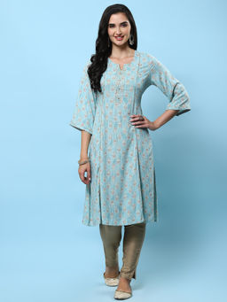 Shree - Women Rayon Blue Floral Printed Kurta