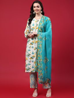 Shree - Women Rayon Teal Floral Printed Kurta With Comfort Pants & Dupatta (Set Of 3)
