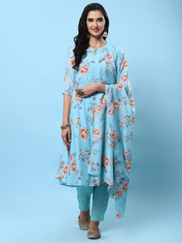 Shree - Women Polyester Turquoise Blue Floral Printed Kurta With Trousers & Dupatta (Set Of 3)