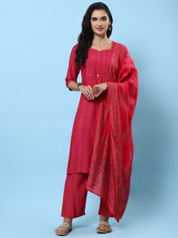 Shree - Women Muslin Red Geometric Printed Kurta Comfort Pants Dupatta (Set Of 3)