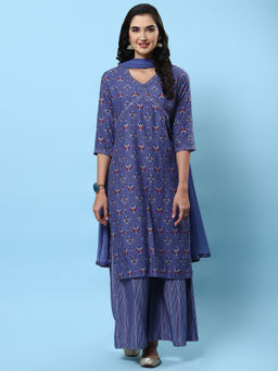 Shree - Women Muslin Blue Printed Kurta With Wide Palazzos & Dupatta (Set Of 3)
