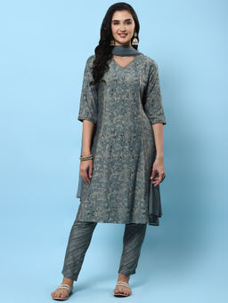 Shree - Women Muslin Grey Abstract Printed Kurta With Trousers & Dupatta (Set Of 3)