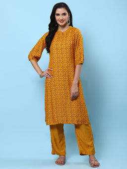 Shree - Women Muslin Mustard Geometric Printed Kurta With Comfort Pants (Set Of 2)