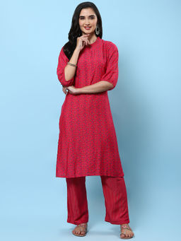 Shree - Women Muslin Red Geometric Printed Kurta With Comfort Pants (Set Of 2)