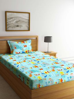 FABINALIV - Aqua Graphic Cotton Blend Single Bedsheet with Pillow Cover