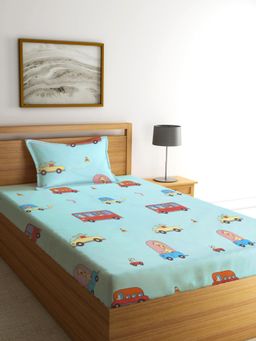 FABINALIV - Blue Graphic Cotton Blend Single Bedsheet with Pillow Cover