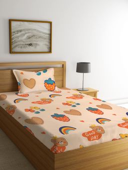 FABINALIV - Peach Graphic Cotton Blend Single Bedsheet with Pillow Cover