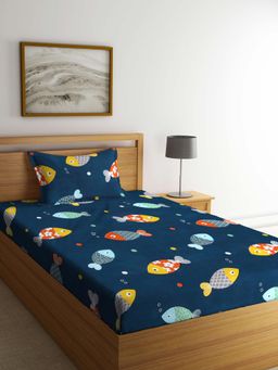 FABINALIV - Navy Blue Graphic Cotton Blend Single Bedsheet with Pillow Cover