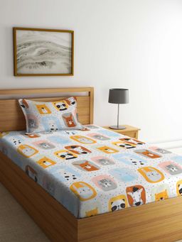 FABINALIV - Grey Graphic Cotton Blend Single Bedsheet with Pillow Cover