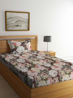 FABINALIV - Brown Floral Cotton Blend Single Bedsheet with Pillow Cover