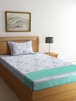 FABINALIV - Grey Floral Cotton Blend Single Bedsheet with Pillow Cover