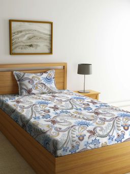 FABINALIV - White Floral Cotton Blend Single Bedsheet with Pillow Cover