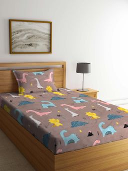 FABINALIV - Brown Graphic Cotton Blend Single Bedsheet with Pillow Cover