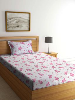 FABINALIV - White Floral Cotton Blend Single Bedsheet with Pillow Cover