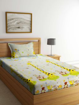 FABINALIV - Multi-Color Graphic Cotton Blend Single Bedsheet with Pillow Cover