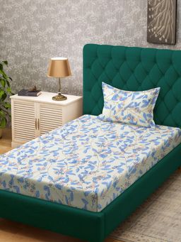 FABINALIV - White Floral Cotton Blend Single Bedsheet with Pillow Cover
