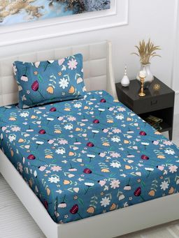 FABINALIV - Blue Floral Cotton Blend Single Bedsheet with Pillow Cover