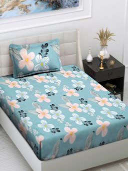 FABINALIV - Blue Floral Cotton Blend Single Bedsheet with Pillow Cover