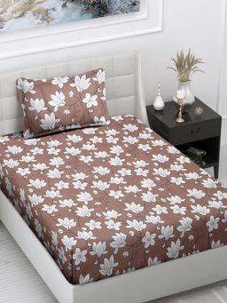 FABINALIV - Brown Floral Cotton Blend Single Bedsheet with Pillow Cover