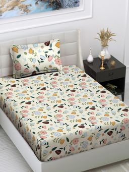 FABINALIV - Off White Floral Cotton Blend Single Bedsheet with Pillow Cover
