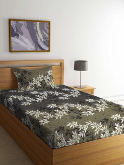 FABINALIV - Black Floral Cotton Blend Single Bedsheet with Pillow Cover